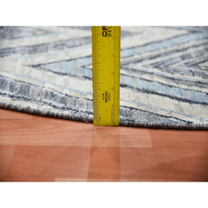 6'x6' Round Chevron Design Modern Textured Wool And Pure Silk Hand Knotted Ivory Oriental Rug FWR450174