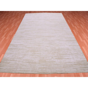 9'1"x12' Ivory, Striae Design Hi-low Pile, Tone On Tone Silk With Textured Wool Hand Knotted, Oriental Rug FWR450228