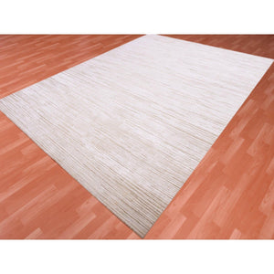 9'1"x12' Ivory, Striae Design Hi-low Pile, Tone On Tone Silk With Textured Wool Hand Knotted, Oriental Rug FWR450228