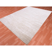 Load image into Gallery viewer, 9&#39;1&quot;x12&#39; Ivory, Striae Design Hi-low Pile, Tone On Tone Silk With Textured Wool Hand Knotted, Oriental Rug FWR450228