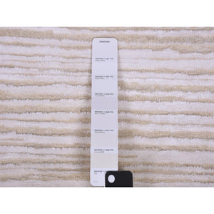 9'1"x12' Ivory, Striae Design Hi-low Pile, Tone On Tone Silk With Textured Wool Hand Knotted, Oriental Rug FWR450228