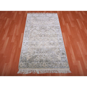 3'x5'2" Gray, Pure Silk And Textured Wool Hand Knotted, Oushak With Geometric Motif, Oriental Rug FWR450240