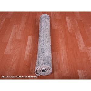 3'x5'2" Gray, Pure Silk And Textured Wool Hand Knotted, Oushak With Geometric Motif, Oriental Rug FWR450240