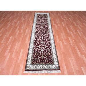 2'7"x10' Burgundy Red, All Over Leaf Design, Thick And Plush, Wool And Silk, Hand Knotted, Rajasthan, Oriental, Runner Rug FWR450330