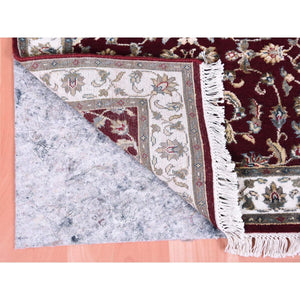 2'7"x10' Burgundy Red, All Over Leaf Design, Thick And Plush, Wool And Silk, Hand Knotted, Rajasthan, Oriental, Runner Rug FWR450330