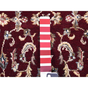 2'7"x10' Burgundy Red, All Over Leaf Design, Thick And Plush, Wool And Silk, Hand Knotted, Rajasthan, Oriental, Runner Rug FWR450330