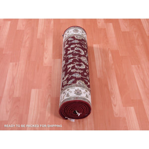 2'7"x10' Burgundy Red, All Over Leaf Design, Thick And Plush, Wool And Silk, Hand Knotted, Rajasthan, Oriental, Runner Rug FWR450330