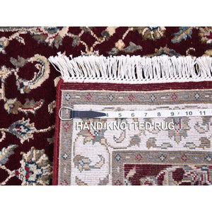 2'7"x10' Burgundy Red, All Over Leaf Design, Thick And Plush, Wool And Silk, Hand Knotted, Rajasthan, Oriental, Runner Rug FWR450330