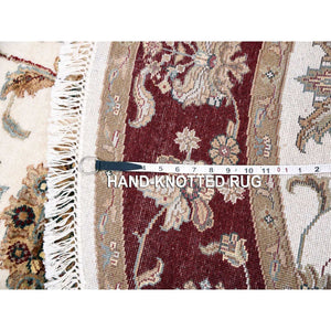 6'1"x6'1" Ivory, Wool And Silk, Hand Knotted, Rajasthan, All Over Leaf Design, Thick And Plush, Oriental, Round Rug FWR450378