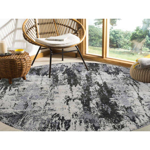 8'2"x8'2" Charcoal Gray Wool And Silk Abstract Design  Denser Weave Persian Knot Hand Knotted Round Oriental Rug FWR450522