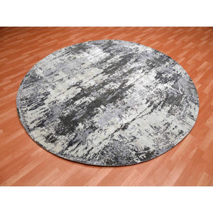8'2"x8'2" Charcoal Gray Wool And Silk Abstract Design  Denser Weave Persian Knot Hand Knotted Round Oriental Rug FWR450522