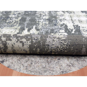 10'x10' Charcoal Gray Abstract Design Wool And Silk Persian Knot Denser Weave Hand Knotted Oriental Round Rug FWR450528