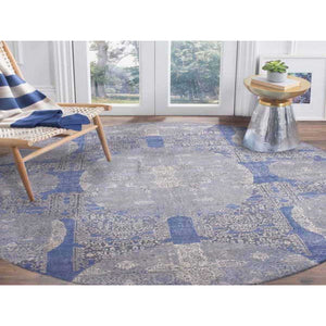 10'1"x10'1" Blue Wool and Pure Silk Jewellery Design Hand Knotted Oriental Round Rug FWR450534