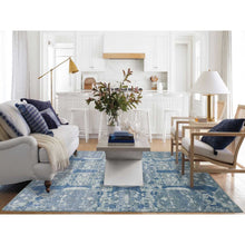 Load image into Gallery viewer, 7&#39;10&quot;x10&#39; Blue Wool And Pure Silk Hand Knotted Jewellery Design With Soft Colors Oriental Rug FWR450552