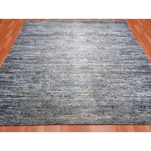 8'2"x8'2" Blue Oceanic Wool And Pure Silk Horizontal Ombre Design Hand Knotted Oriental Square Rug FWR450588