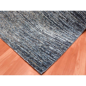 8'2"x8'2" Blue Oceanic Wool And Pure Silk Horizontal Ombre Design Hand Knotted Oriental Square Rug FWR450588