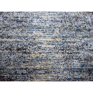 8'2"x8'2" Blue Oceanic Wool And Pure Silk Horizontal Ombre Design Hand Knotted Oriental Square Rug FWR450588