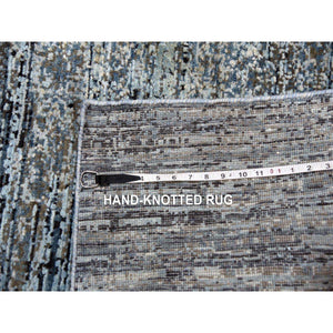 8'2"x8'2" Blue Oceanic Wool And Pure Silk Horizontal Ombre Design Hand Knotted Oriental Square Rug FWR450588