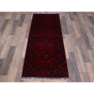 1'10"x4'10" Scarlet Red, Afghan Khamyab With Geometric Medallions Design, Soft And Shiny Wool, Hand Knotted, Vegetable Dyes, Short And Narrow Runner, Oriental Rug FWR4500
