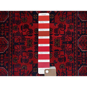 1'10"x4'10" Scarlet Red, Afghan Khamyab With Geometric Medallions Design, Soft And Shiny Wool, Hand Knotted, Vegetable Dyes, Short And Narrow Runner, Oriental Rug FWR4500