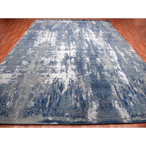 12'2"x15'1" Oceanic Blue, Abstract Design Hi-low Pile, Denser Weave Hand Knotted Pure Silk And Wool, Oversized Oriental Rug FWR450612