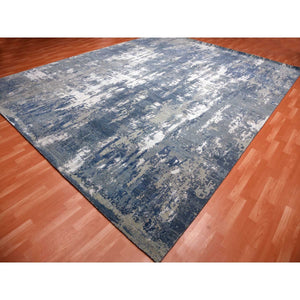 12'2"x15'1" Oceanic Blue, Abstract Design Hi-low Pile, Denser Weave Hand Knotted Pure Silk And Wool, Oversized Oriental Rug FWR450612