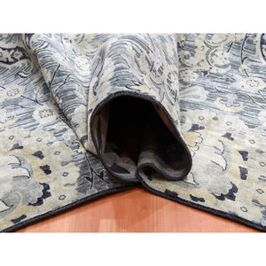 12'2"x15'4" Charcoal Gray Tulip And Large Blossom Design Pure Silk With Textured Wool Hand Knotted Overisze Oriental Rug FWR450702