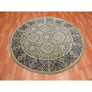 6'2"x6'2" Taupe-brown Textured Wool And Silk Mughal Inspired Medallions Design Hand-knotted Round Oriental Rug FWR450774