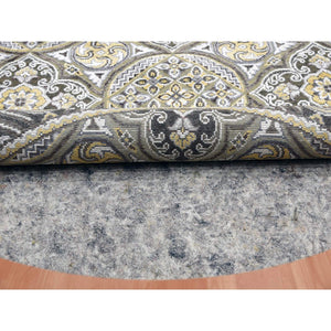6'1"x6'1" Taupe-Brown Textured Wool and Silk Mughal Inspired Medallions Design Hand-Knotted Round Oriental Rug FWR450780