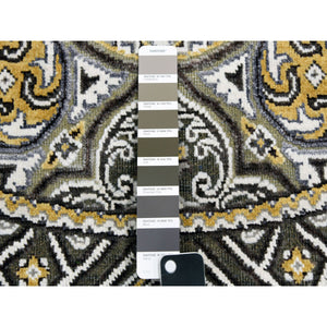 6'1"x6'1" Taupe-Brown Textured Wool and Silk Mughal Inspired Medallions Design Hand-Knotted Round Oriental Rug FWR450780