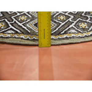 6'1"x6'1" Taupe-Brown Textured Wool and Silk Mughal Inspired Medallions Design Hand-Knotted Round Oriental Rug FWR450780