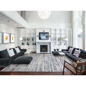 11'7"x14'10" Blue And Ivory, Modern Striae Design Pure Silk With Textured Wool Hand Knotted Tone On Tone, Oversized Oriental Rug FWR450966