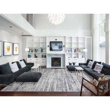 Load image into Gallery viewer, 11&#39;7&quot;x14&#39;10&quot; Blue And Ivory, Modern Striae Design Pure Silk With Textured Wool Hand Knotted Tone On Tone, Oversized Oriental Rug FWR450966