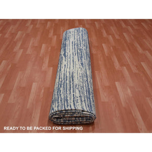 11'7"x14'10" Blue And Ivory, Modern Striae Design Pure Silk With Textured Wool Hand Knotted Tone On Tone, Oversized Oriental Rug FWR450966