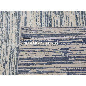 11'7"x14'10" Blue And Ivory, Modern Striae Design Pure Silk With Textured Wool Hand Knotted Tone On Tone, Oversized Oriental Rug FWR450966