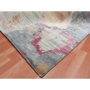 9'x12'1" Stone Gray With Pop Of Colors, Pure Silk And Textured Wool Hand Knotted, Eclectic Design, Oriental Rug FWR451056