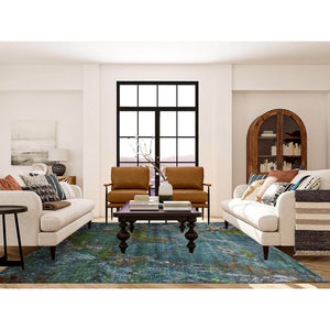 8'x9'10" Aqua Marine Oceanic Design, Hand Knotted Sari Silk & Textured Wool, Oriental Rug FWR451062