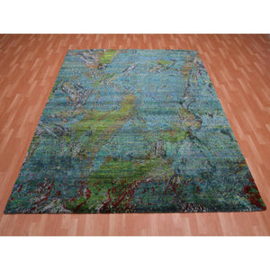 8'x9'10" Aqua Marine Oceanic Design, Hand Knotted Sari Silk & Textured Wool, Oriental Rug FWR451062