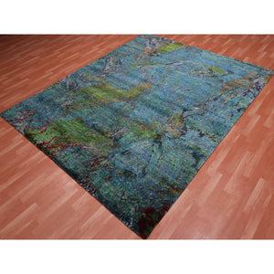 8'x9'10" Aqua Marine Oceanic Design, Hand Knotted Sari Silk & Textured Wool, Oriental Rug FWR451062