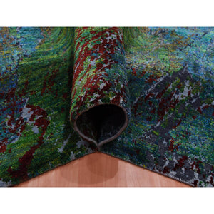 8'x9'10" Aqua Marine Oceanic Design, Hand Knotted Sari Silk & Textured Wool, Oriental Rug FWR451062