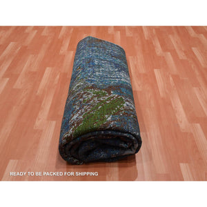 8'x9'10" Aqua Marine Oceanic Design, Hand Knotted Sari Silk & Textured Wool, Oriental Rug FWR451062