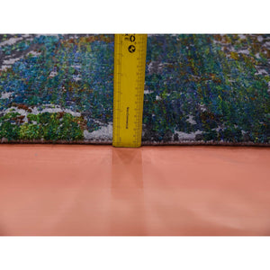 8'x9'10" Aqua Marine Oceanic Design, Hand Knotted Sari Silk & Textured Wool, Oriental Rug FWR451062