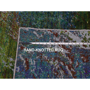 8'x9'10" Aqua Marine Oceanic Design, Hand Knotted Sari Silk & Textured Wool, Oriental Rug FWR451062