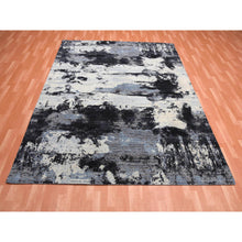 Load image into Gallery viewer, 7&#39;10&quot;x9&#39;10&quot; Black And Gray, Modern Abstract Design, Pure Wool Hand Knotted, Oriental Rug FWR451068