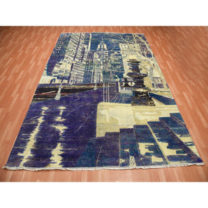 8'8"x12'1" Indigo Blue, The Empire State Building, Sari Silk and Textured Wool Hand Knotted, Oriental Rug FWR451176