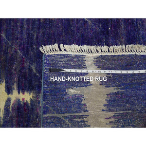 8'8"x12'1" Indigo Blue, The Empire State Building, Sari Silk and Textured Wool Hand Knotted, Oriental Rug FWR451176