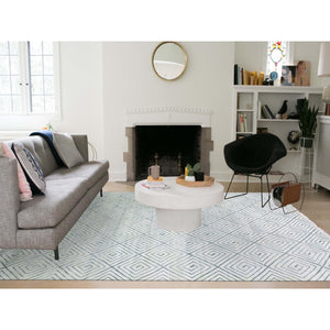 9'x12'1" Ivory, Modern Roman Key Design, Pure Raised Silk with Textured Oxidized Wool, Hand Knotted, Oriental Rug FWR451200