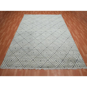 9'x12'1" Ivory, Modern Roman Key Design, Pure Raised Silk with Textured Oxidized Wool, Hand Knotted, Oriental Rug FWR451200