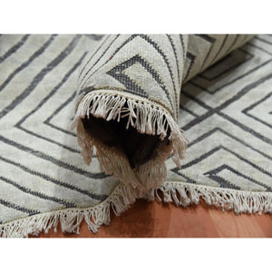 9'x12'1" Ivory, Modern Roman Key Design, Pure Raised Silk with Textured Oxidized Wool, Hand Knotted, Oriental Rug FWR451200