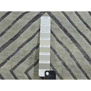 9'x12'1" Ivory, Modern Roman Key Design, Pure Raised Silk with Textured Oxidized Wool, Hand Knotted, Oriental Rug FWR451200